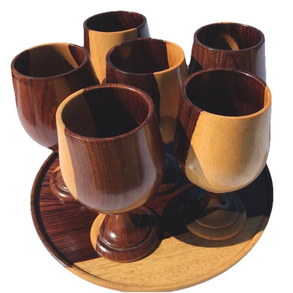 Vtg Hand Turned Walnut Wood Goblets Tray Set Boho Rustic Scandi MCM Barware Lot